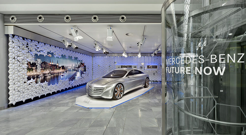 Facet modular exhibition wall system at Mercedes-Benz Future Now exhibition in Bremen