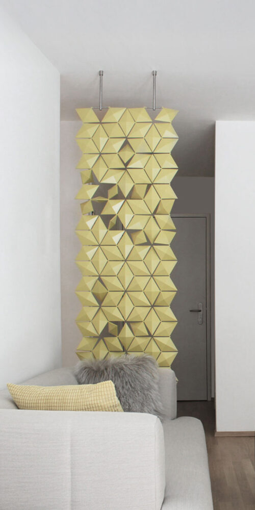 Small room divider screen defining a compact apartment entrance in Vienna