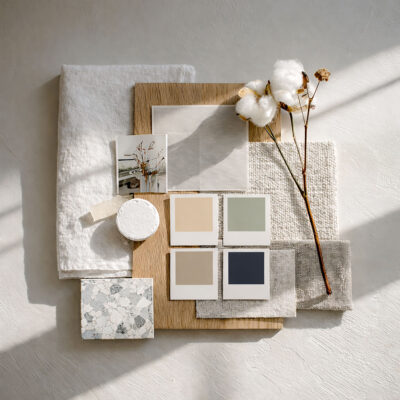 Flat lay of interior design materials and Pantone-style color samples illustrating bespoke color development for the Facet room divider.