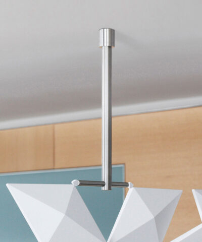 Brushed stainless steel suspension with Facet hanging room divider installed on a white ceiling in a modern interior