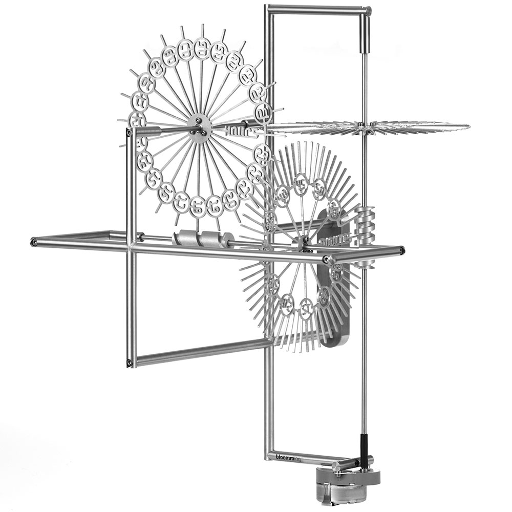 Clock Delay sculptural clock by Bloomming with exposed mechanical structure.
